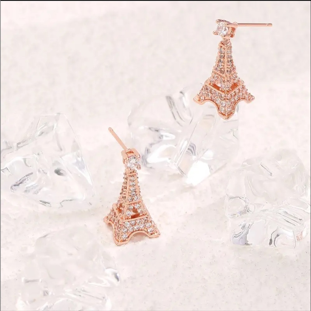 Rose Gold Eiffel Tower Earrings - Picture 4 of 6